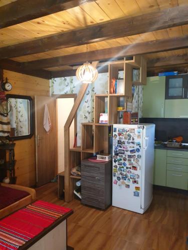 a kitchen with a white refrigerator in a room at Ovcar banja in Čačak