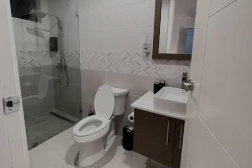 a bathroom with a toilet and a shower and a sink at Parkhurst Lux Condo Near Devon House in Kingston