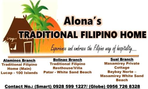 a flyer for a traditional filipino home at Alona's Traditional Filipino Home near 100 Islands Wharf in Alaminos