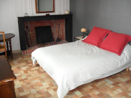 Châtel-de-Neuvre的住宿－Gîte Châtel-de-Neuvre, 4 pièces, 6 personnes - FR-1-489-92，一间卧室配有一张带红色枕头的床和壁炉