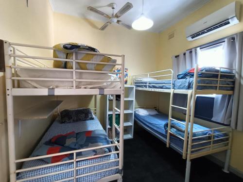 um quarto com 2 beliches e um tecto em Shiralee Hostel -note - Valid passport required to check in em Perth