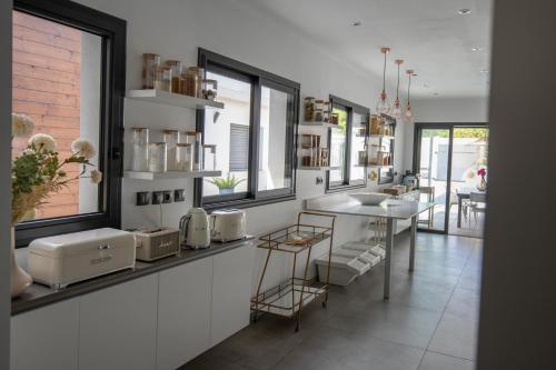 a kitchen with a counter with a sink and windows at Spéciale Halloween - Idéal Familles & Groupes - 15min Parc Spirou - Nocturnes les 25, 30, 31 octobre et le 1er novembre - 10min Avignon - 5min Gare - Grand jardin clos - Parking gratuit - Au calme - Maison haut de gamme in Sorgues