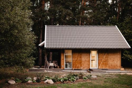 a small wooden cabin with a table and a chair at ALNUS KIEMAS in Kampiškiai