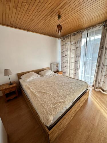 une chambre avec un lit et une grande fenêtre dans l'établissement Grand appartement lumineux 53m², 3 pièces, 6 à 8 pers, centre station, pied pistes, à Les Deux Alpes
