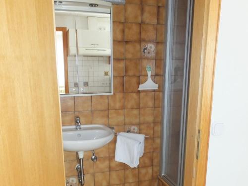 een badkamer met een wastafel en een douche bij Haus Alpenblick in Immenstaad am Bodensee