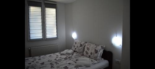 1 dormitorio con 1 cama y 2 luces en la pared en Apartman Linera en Soko Banja