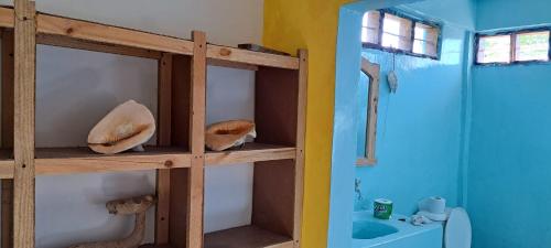a bathroom with a wooden shelf with a shower at blue lilu Kizimkazi in Kizimkazi
