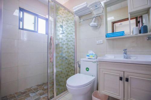 a bathroom with a toilet and a shower and a sink at 這一村這一棧電梯海景民宿 in Lieyu
