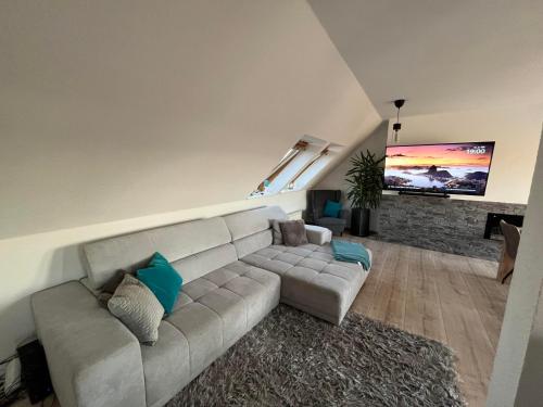 a living room with a couch and a flat screen tv at 105 QM neues klimatisiertes Appartment für Familien in Chemnitz