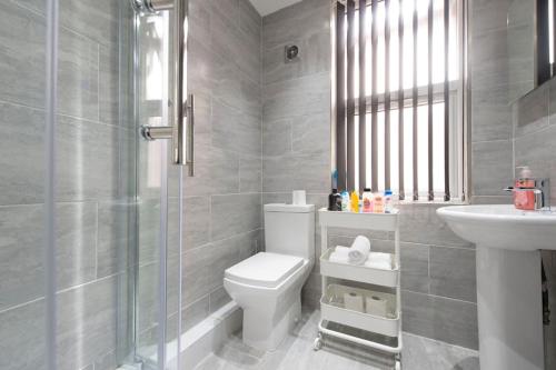 a bathroom with a toilet and a sink and a shower at Beautiful flat next to city centre in Liverpool