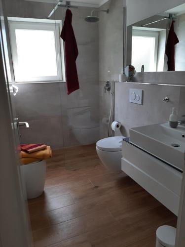 a bathroom with a sink and a toilet and a window at Ferienwohnung mit Seeblick und PKW Abstellplatz am Haus in Überlingen