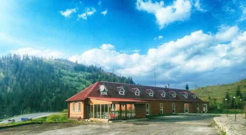 a large building with a red roof on a mountain at Dream Forest in Tukholʼka
