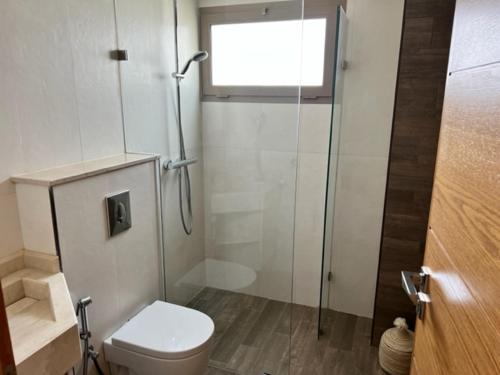 a bathroom with a toilet and a glass shower at Aresdis By Mood 4 ou 5 Px Luxe in Imsouane