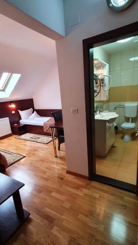 een kamer met een bed en een badkamer met een spiegel bij Pensiunea Select in Arad