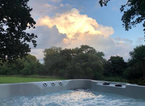 a bath tub in a field with a cloudy sky at Lynbrook Cabin and Hot Tub, New Forest in Ringwood