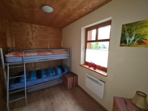 een kamer met een stapelbed en een raam bij Jagdhaus auf dem Forsthof mit Sauna in Eckartsberga