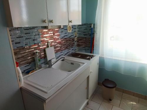 a kitchen with a sink and a brick wall at Charmant studio centre bourg in Woincourt