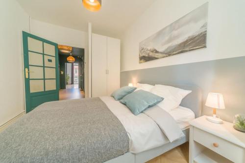 - une chambre avec un grand lit et une porte verte dans l'établissement Standing et confort, emplacement idéal centre ville, vue magnifique, à Chambéry