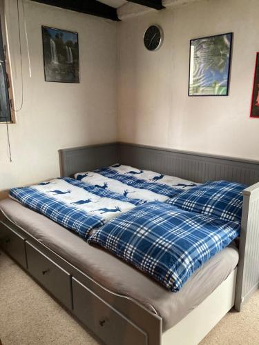 Una cama con dos almohadas azules y blancas. en Ferienhaus mit Sauna, Wintergarten und Terrasse im schönen Hochtaunus, en Glashütten