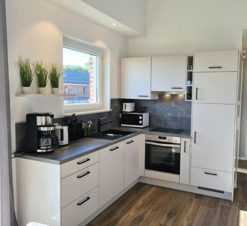 Dapur atau dapur kecil di Haus KüstenBrise - Urlaub mit Hund an der Küste mit eigenen Garten, Sauna und gemütlichen Kaminfeuer