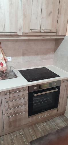 a kitchen with a stove top oven in a kitchen at Apartman Banja Koviljaca in Banja Koviljača