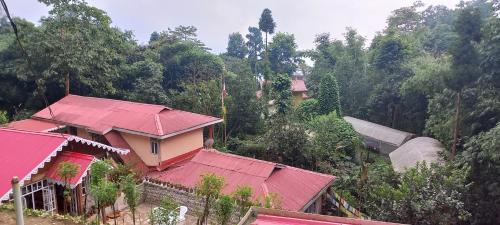 a group of houses with red roofs on a hill at Tenam Garden homestay in Kalimpong