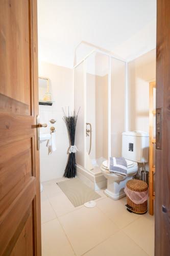 a white bathroom with a toilet and a shower at Angel House Greystone Villa Polydrossos in Polydrossos