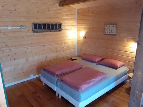 a bedroom with two beds in a wooden wall at Le Chalet in Saint-Jean-de-Minervois
