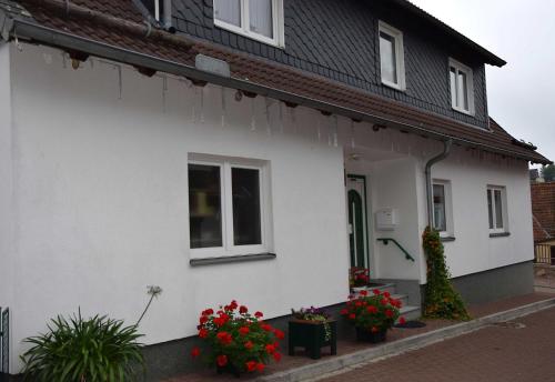 Una casa blanca con flores a un lado. en Ferienwohnung "Loni", en Benneckenstein