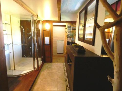 uma casa de banho com uma cabina de duche ao nível do chão e uma cabina de duche ao nível do chão em Gîte l'Atelier Bois em Gaillères