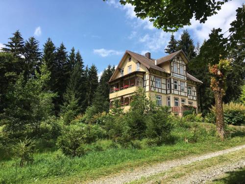 a large house on top of a hill with trees at Haus Sonnenblick in Benneckenstein