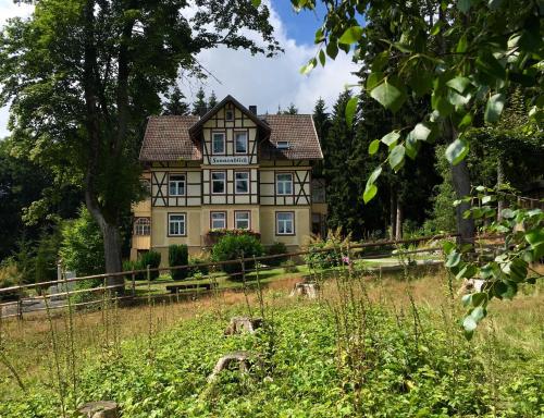 a large house in the middle of a field at Haus Sonnenblick in Benneckenstein