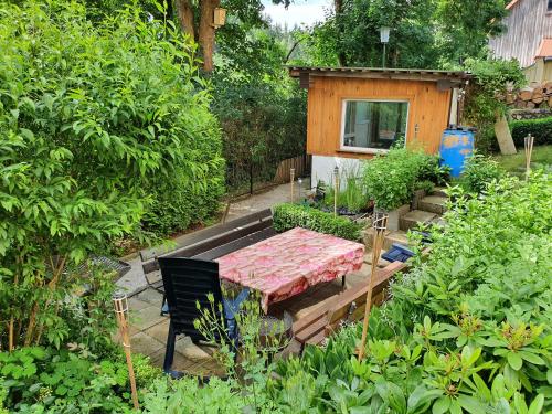 um jardim com uma mesa e uma casa ao fundo em Haus Sonja em Tanne