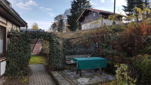 un jardin avec une table verte et un banc dans l'établissement Harzhaus Sorge, à Sorge