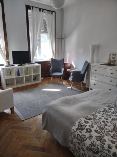 1 dormitorio con 1 cama, 2 sillas y vestidor en Trappelgasse Top 26, en Viena