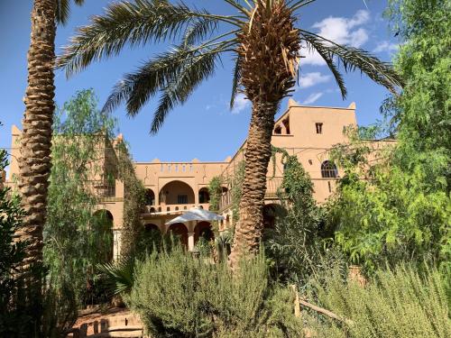 a building with palm trees in front of it at RIAD CHANT D'ETOILES tadighoust in El Hara