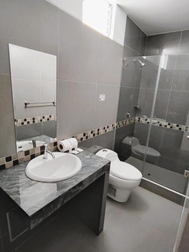 a bathroom with a sink and a toilet and a shower at Tierra del Sol Centro in Moquegua