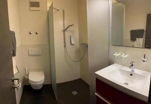 uma casa de banho com um chuveiro, um WC e um lavatório. em Hotel Carle em Marburgo