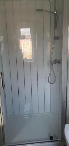 a shower with a glass door in a bathroom at Stoke City House in Etruria