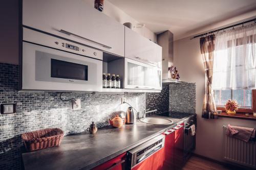 a kitchen with a sink and a counter top at Apartmány Domino in Železná Ruda