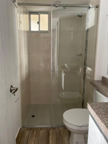 a bathroom with a shower with a toilet and a sink at Apartahotel in Ibagué