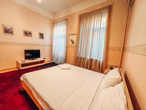 a bedroom with a white bed and a television at Apartment - Independence Square in Kyiv