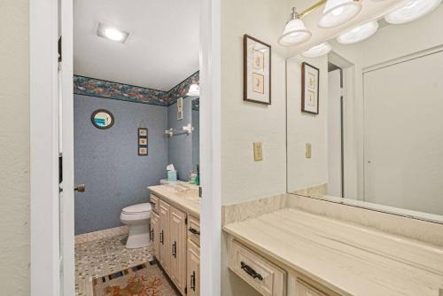 a bathroom with a sink and a toilet and a mirror at Cozy Ocean Condo with Pool Small Dog Friendly in Ormond Beach