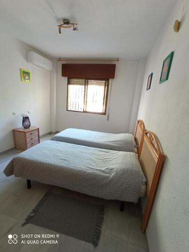 a bedroom with two beds and a window at House in a cove Almunecar in Almuñécar