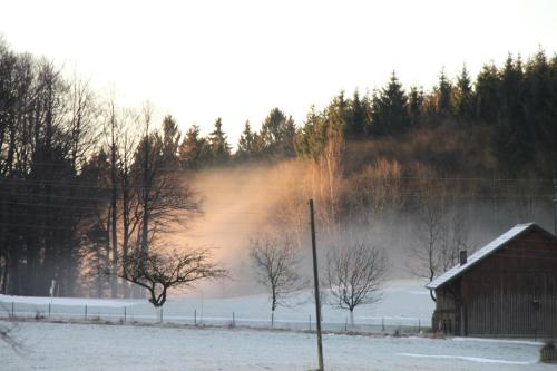 a snow covered field with a barn and trees at Gasthof-Pension Zum Haugstein - Familie Eder in Engelhartszell