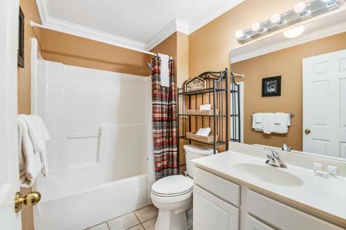 Un baño con inodoro, lavabo y espejo. en Jan's Riverside Retreat, en Pigeon Forge
