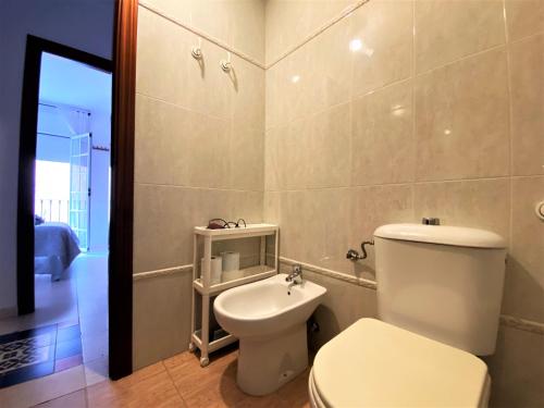 y baño con aseo y lavamanos. en Apartamento Felipe Neri 10, en Málaga