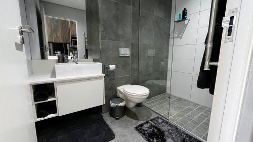 uma casa de banho com um WC, um lavatório e um chuveiro em Modern Luxury Studio with Breathtaking City Views - No Load Shedding em Cidade do Cabo
