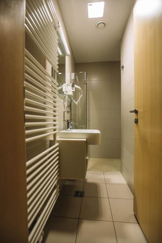 uma casa de banho com um lavatório e um chuveiro em Villa Mari - apartma št. 6 em Maribor