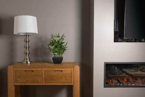 a lamp on a wooden table with a plant on it at Arlyn, Padarn Lake Viewpoint in Snowdonia in Caernarfon